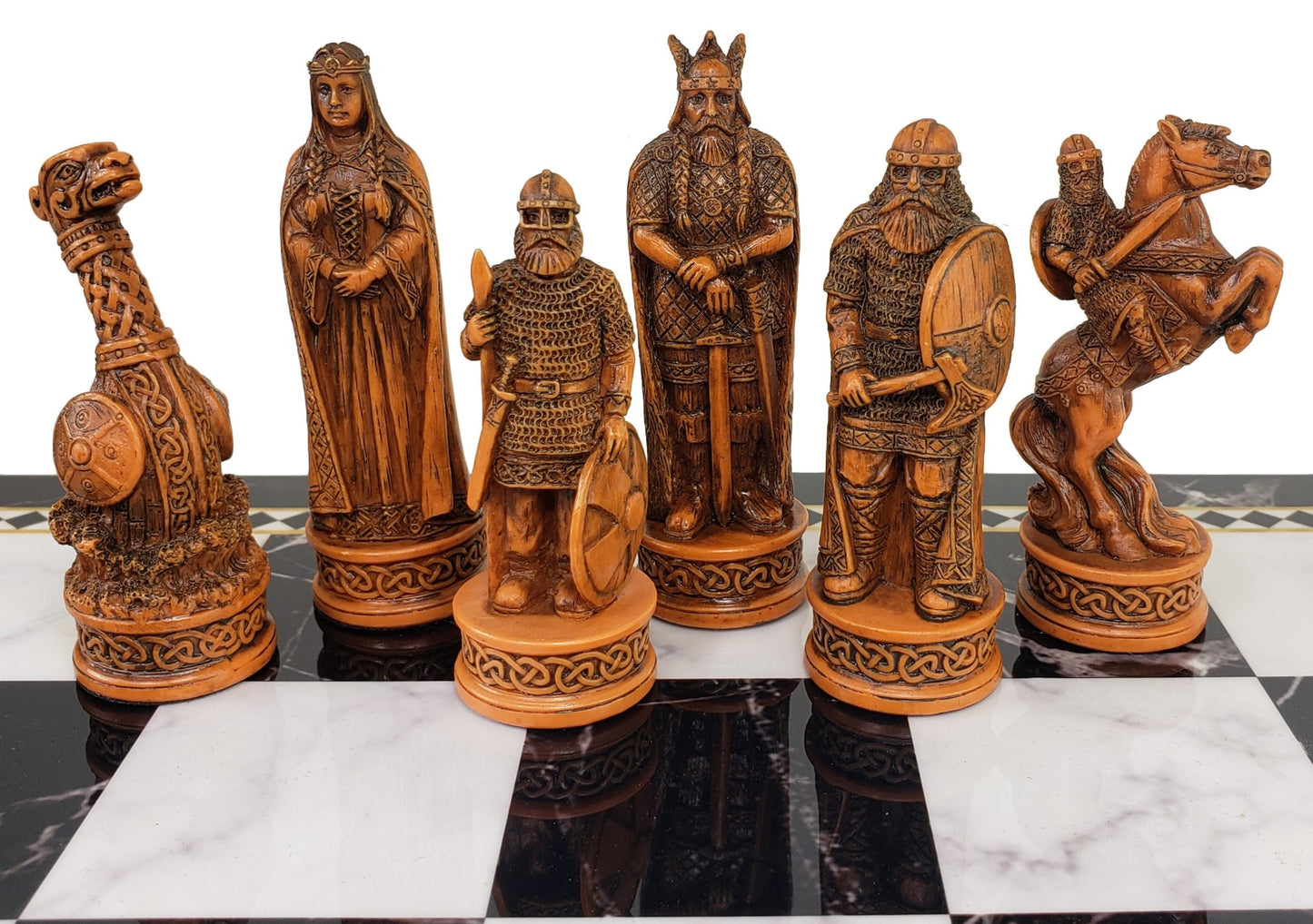 Antique White & Brown Norse Viking Chess Set 17" Black Faux Marble Storage Board