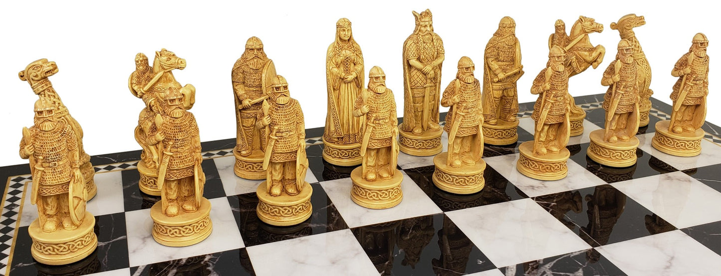 Antique White & Brown Norse Viking Chess Set 17" Black Faux Marble Storage Board