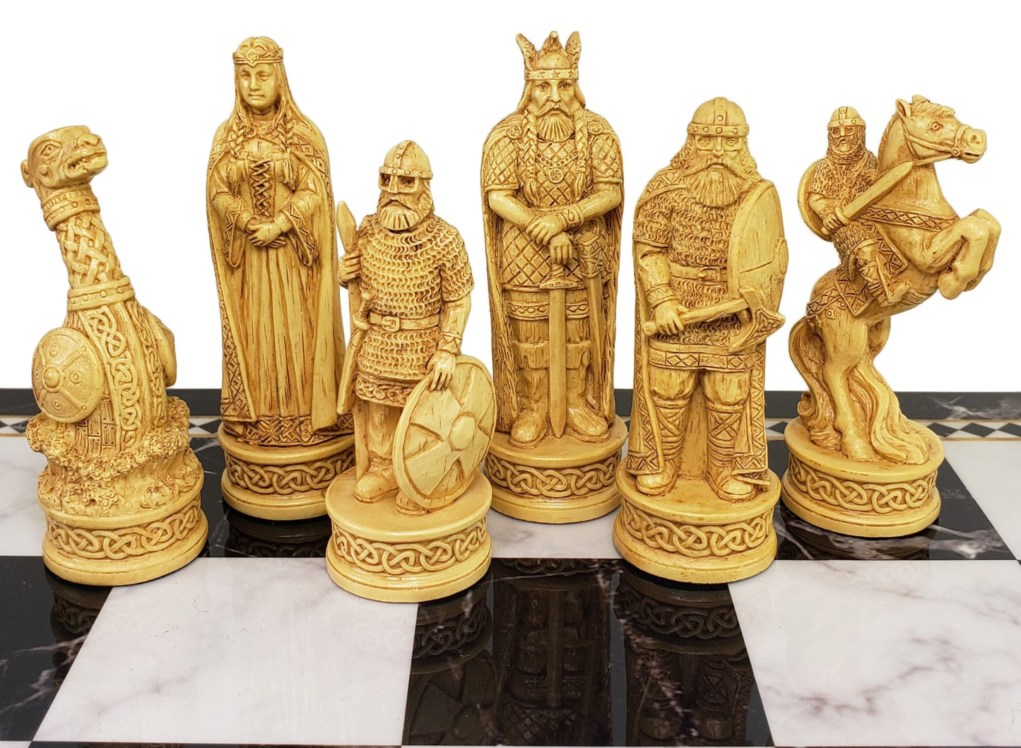 Antique White & Brown Norse Viking Chess Set 17" Black Faux Marble Storage Board