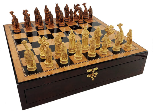 Antique White & Brown Norse Viking CHESS SET with 17" Walnut Color Storage Bd