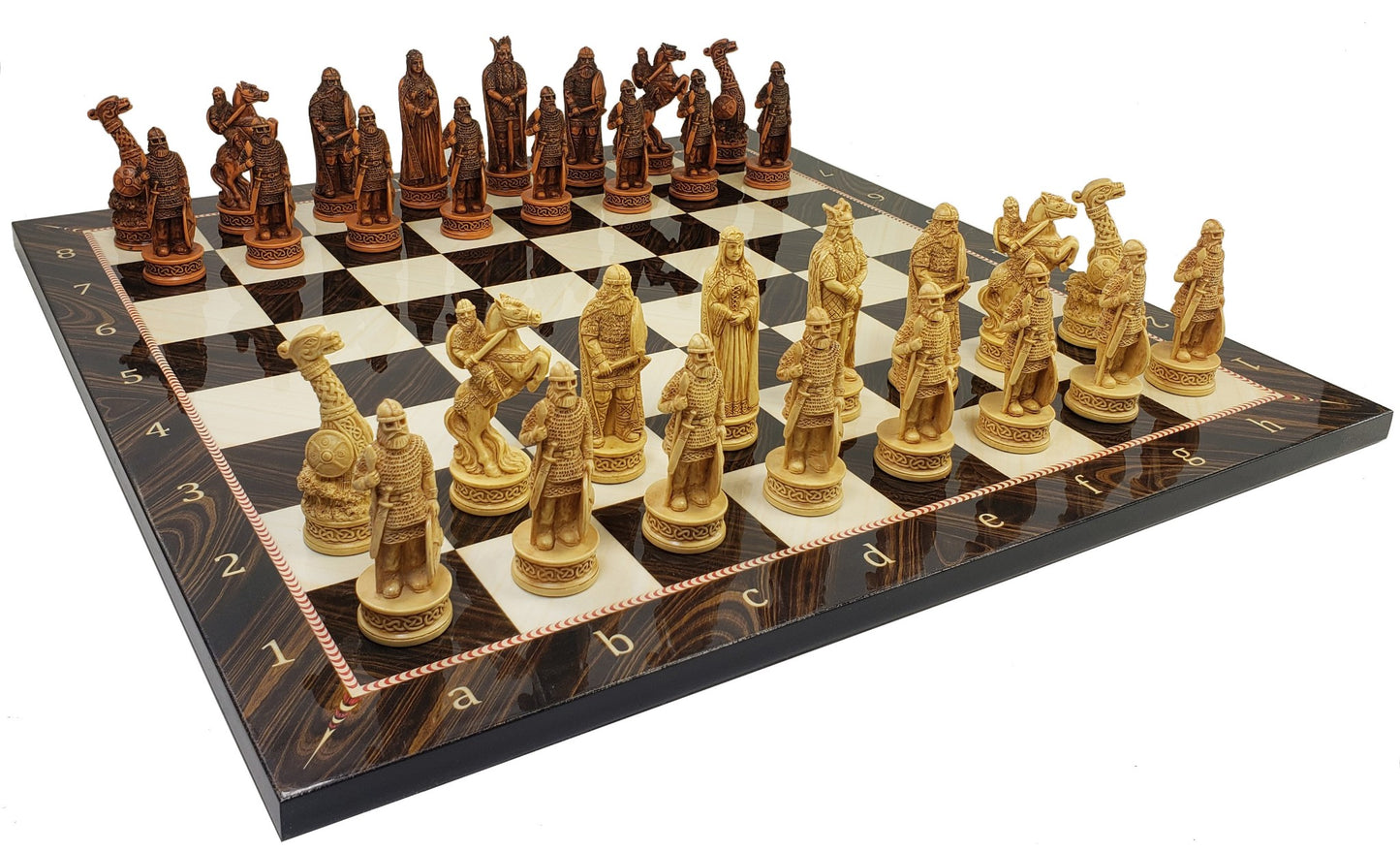 Antique White & Brown Norse Viking Chess Set 3 1/4 King with 17" Elegance Board