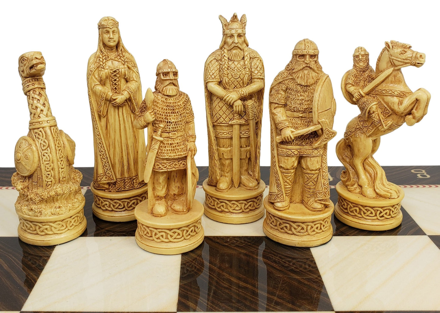 Antique White & Brown Norse Viking Chess Set 3 1/4 King with 17" Elegance Board