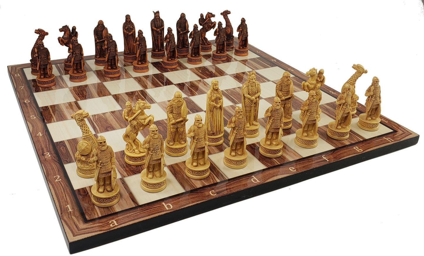 Antique White & Brown Norse Viking Chess Set 3 1/4 King 17" Cedar Color Board