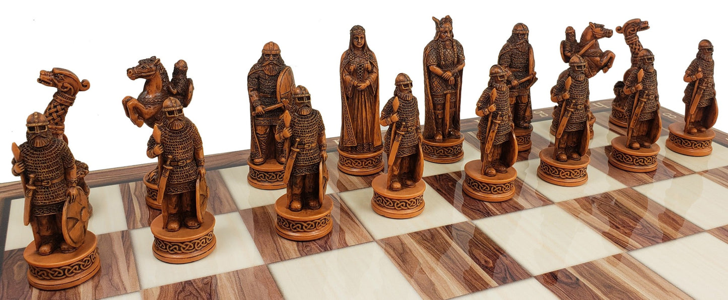 Antique White & Brown Norse Viking Chess Set 3 1/4 King 17" Cedar Color Board