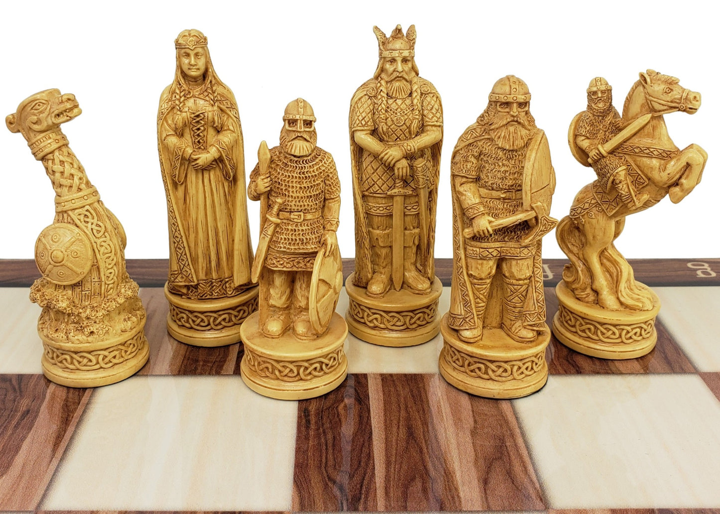 Antique White & Brown Norse Viking Chess Set 3 1/4 King 17" Cedar Color Board