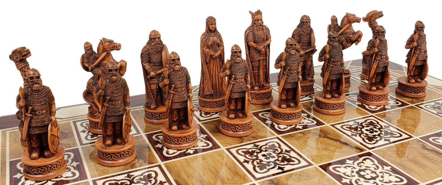 Antique White & Brown Norse Viking Chess Men Set 3 1/4" King - NO BOARD