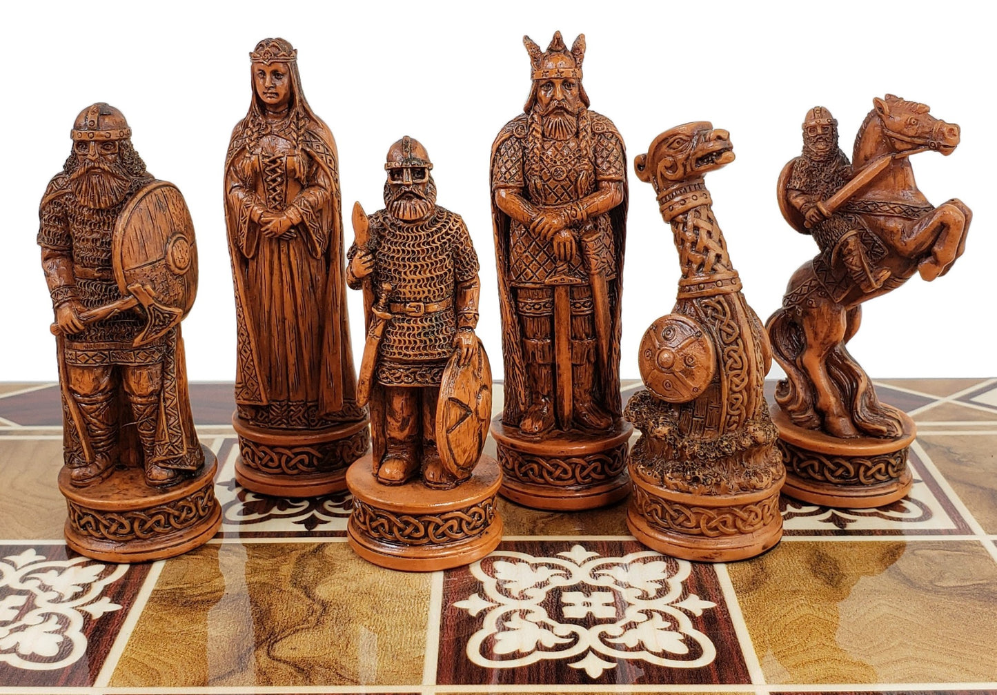 Antique White & Brown Norse Viking Chess Set 3 1/4 King 17" Burlwood Color Board