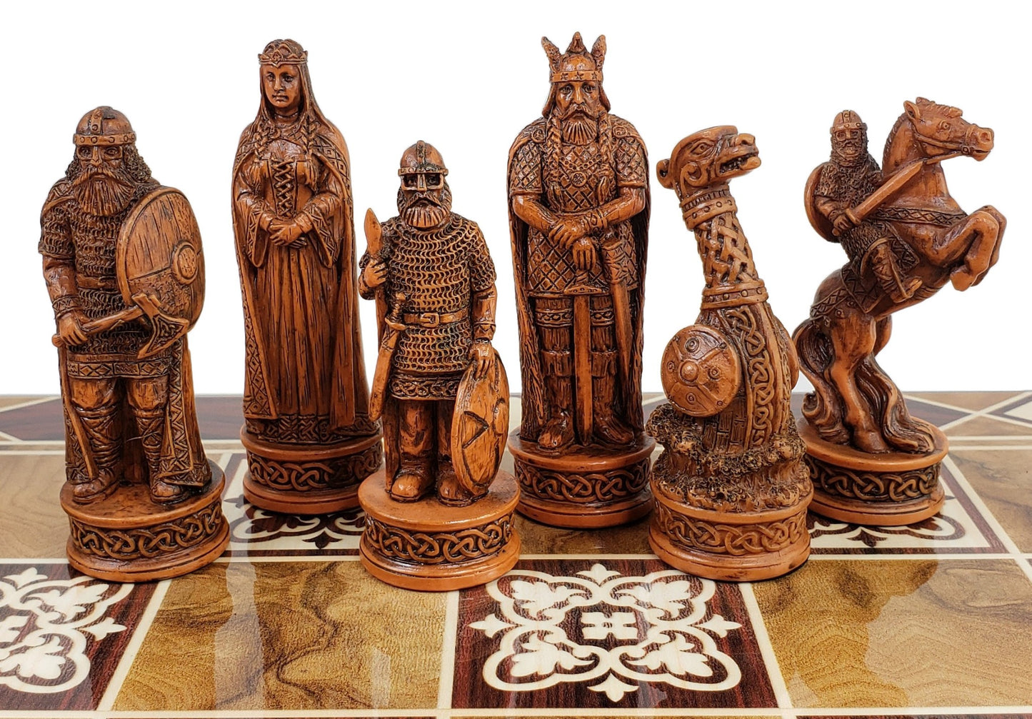 Antique White & Brown Norse Viking Chess Men Set 3 1/4" King - NO BOARD