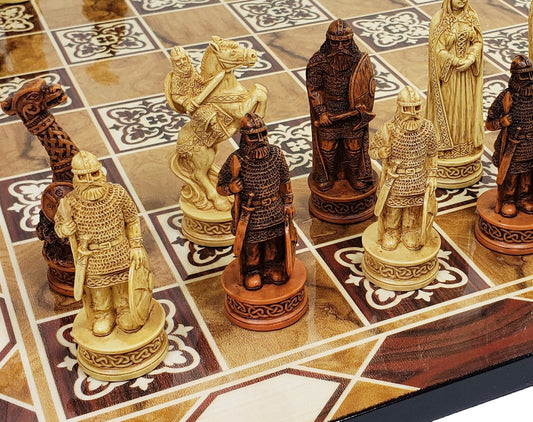 Antique White & Brown Norse Viking Chess Set 3 1/4 King 17" Burlwood Color Board