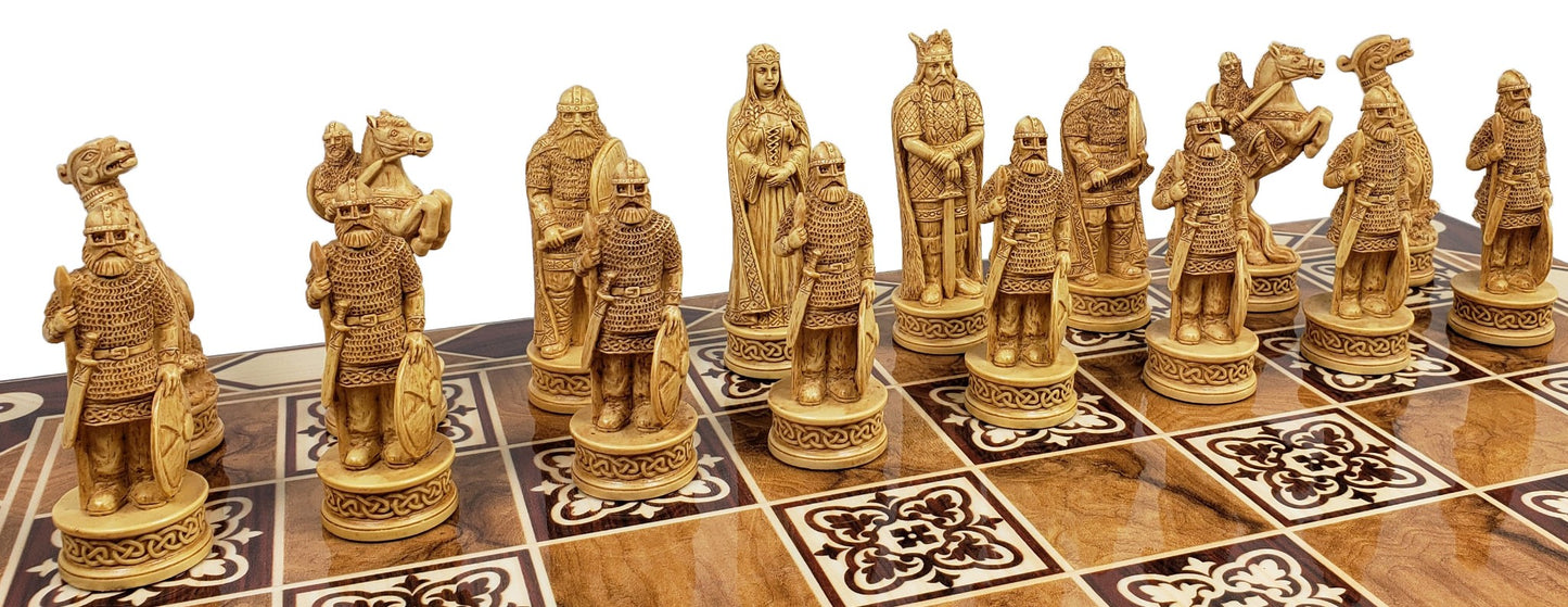 Antique White & Brown Norse Viking Chess Men Set 3 1/4" King - NO BOARD