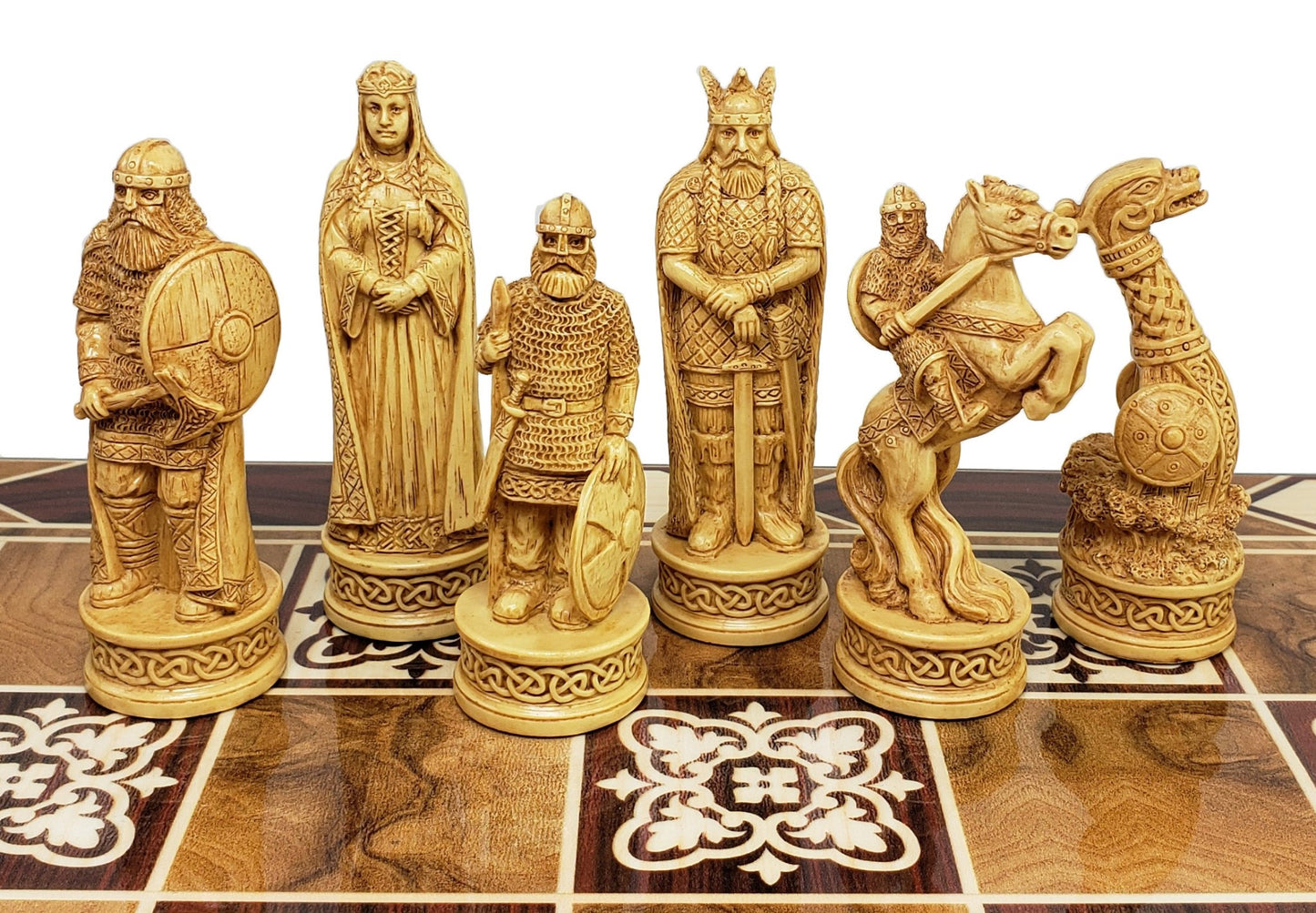 Antique White & Brown Norse Viking Chess Men Set 3 1/4" King - NO BOARD