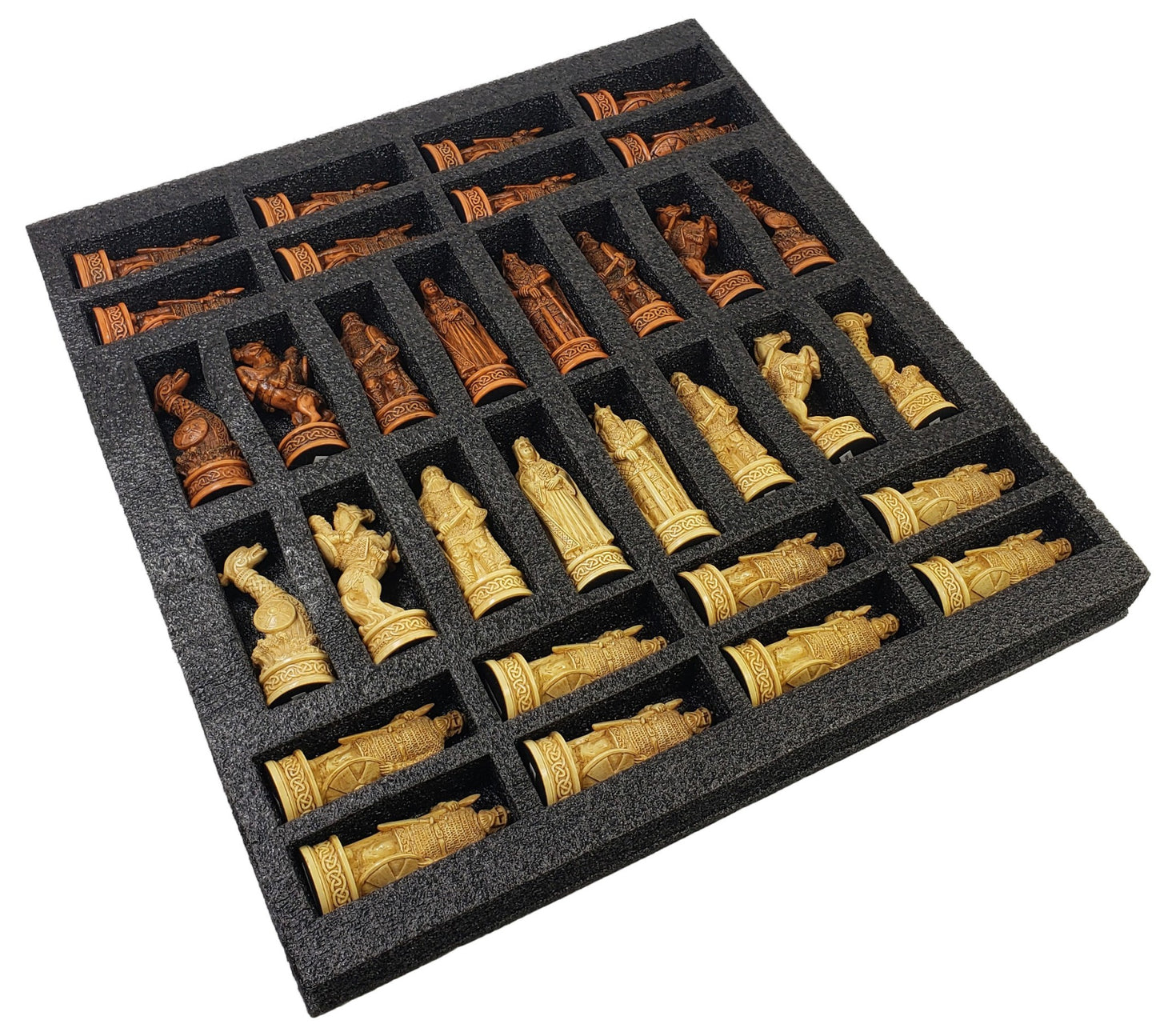 Antique White & Brown Norse Viking CHESS SET with 18" Walnut Color Board