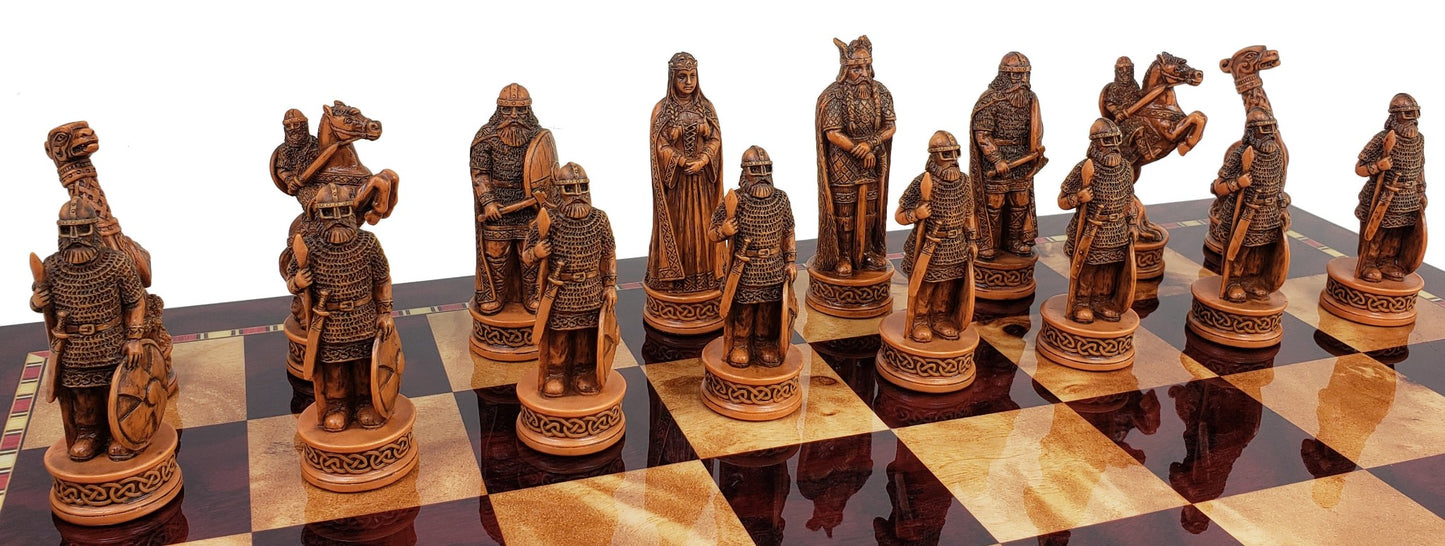 Antique White & Brown Norse Viking CHESS SET with 17" Cherry Color Storage Bd