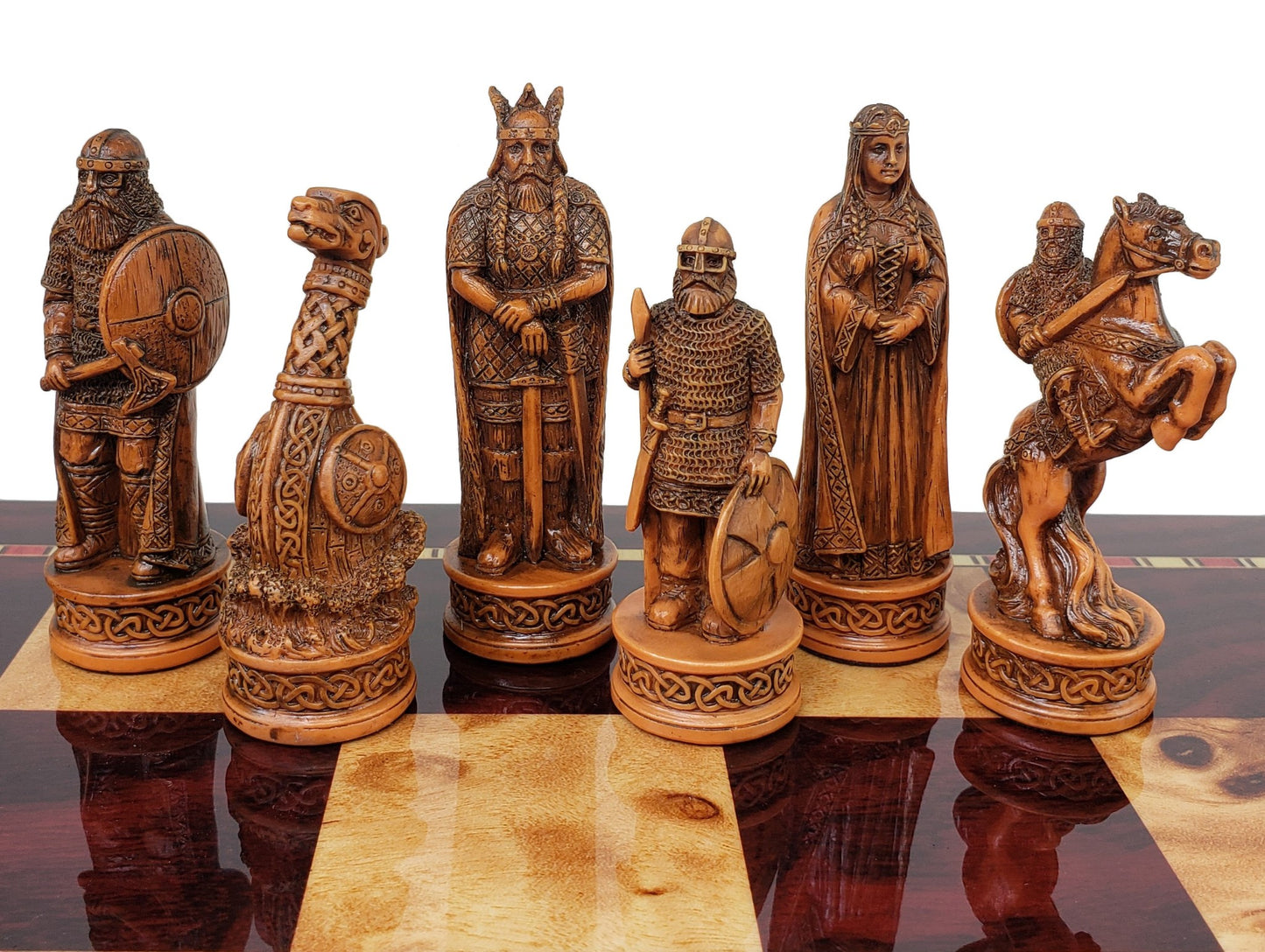 Antique White & Brown Norse Viking CHESS SET with 17" Cherry Color Storage Bd