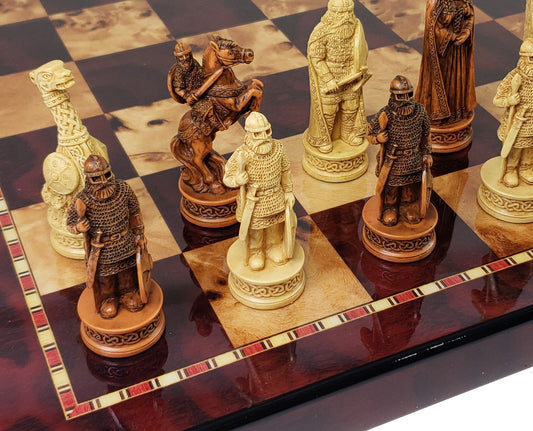 Antique White & Brown Norse Viking CHESS SET with 18" Cherry Color Board
