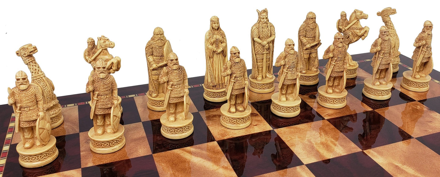 Antique White & Brown Norse Viking CHESS SET with 18" Cherry Color Board