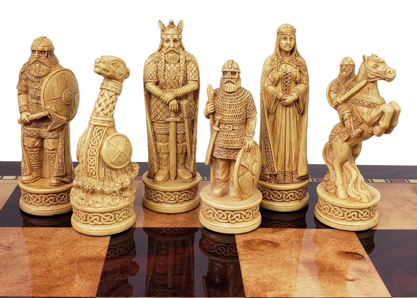 Antique White & Brown Norse Viking CHESS SET with 18" Cherry Color Board