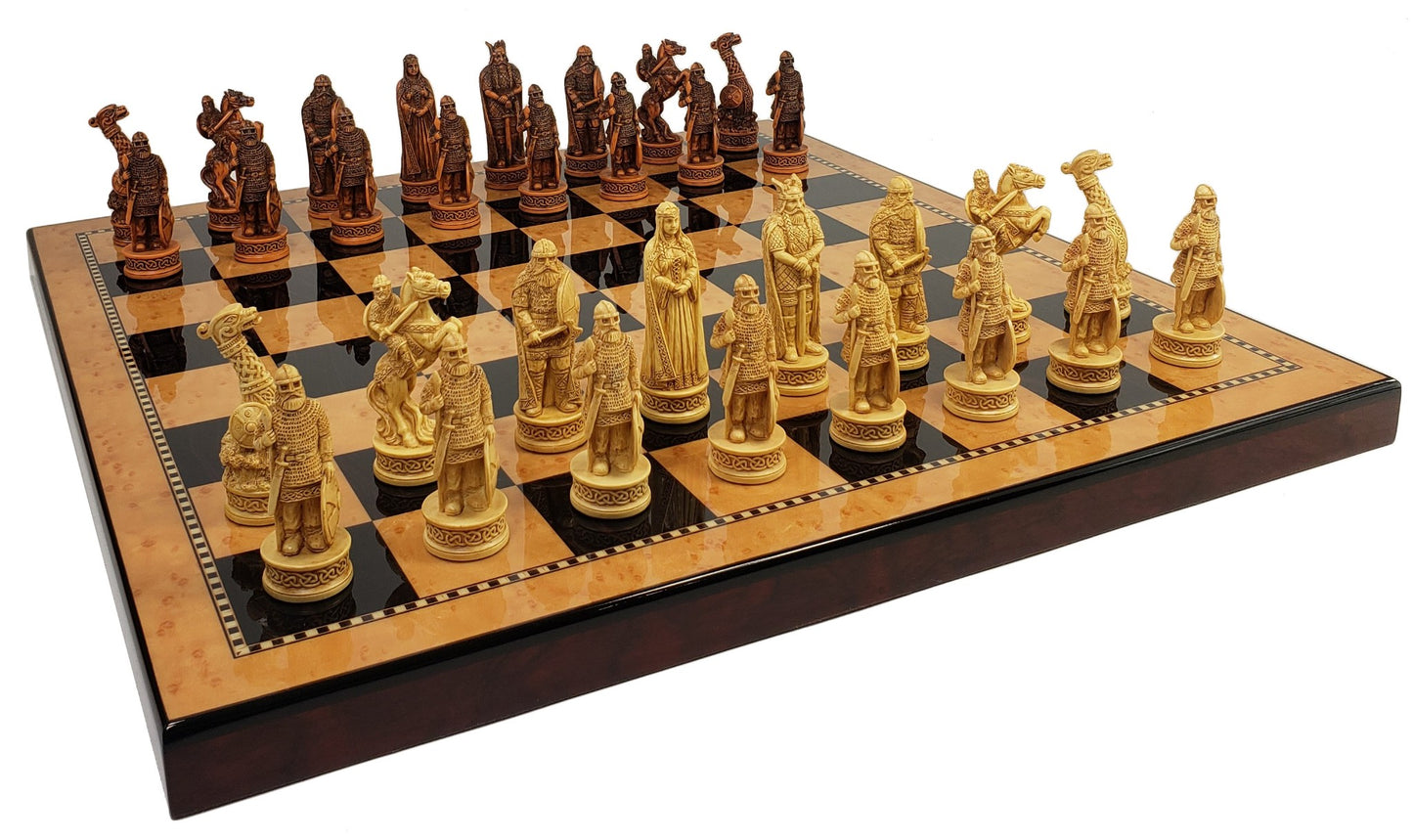Antique White & Brown Norse Viking CHESS SET with 18" Walnut Color Board