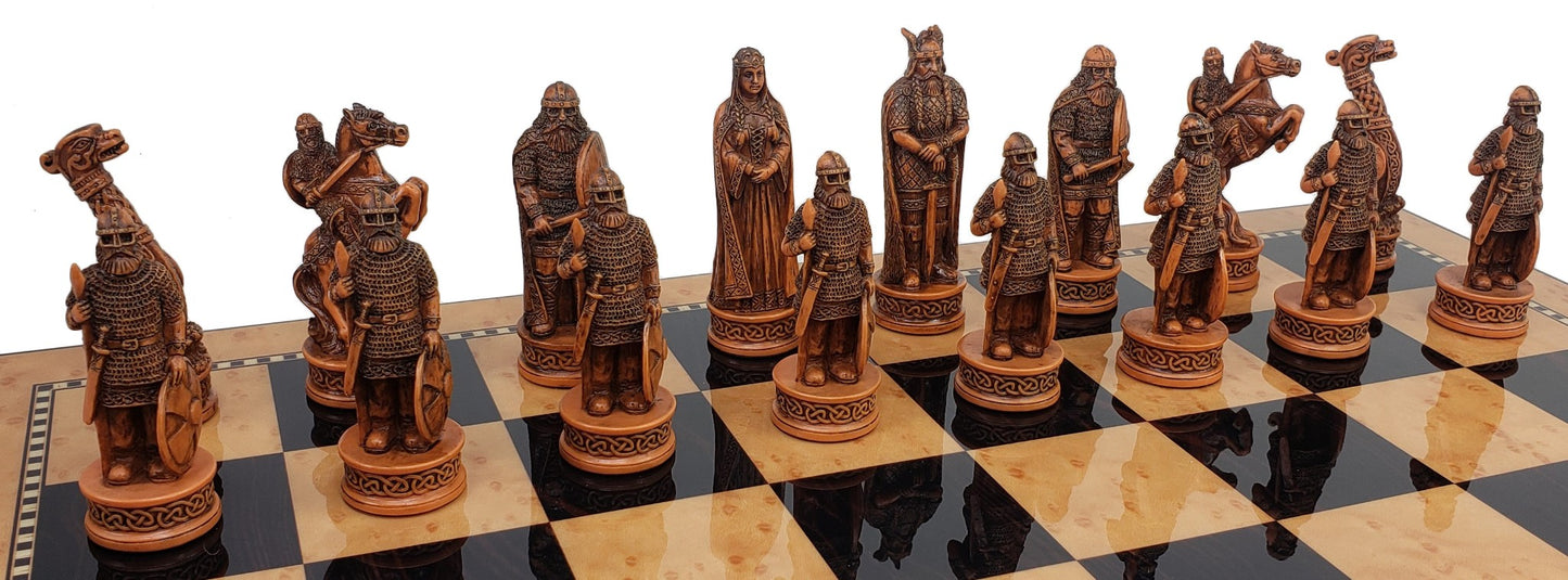 Antique White & Brown Norse Viking CHESS SET with 17" Walnut Color Storage Bd