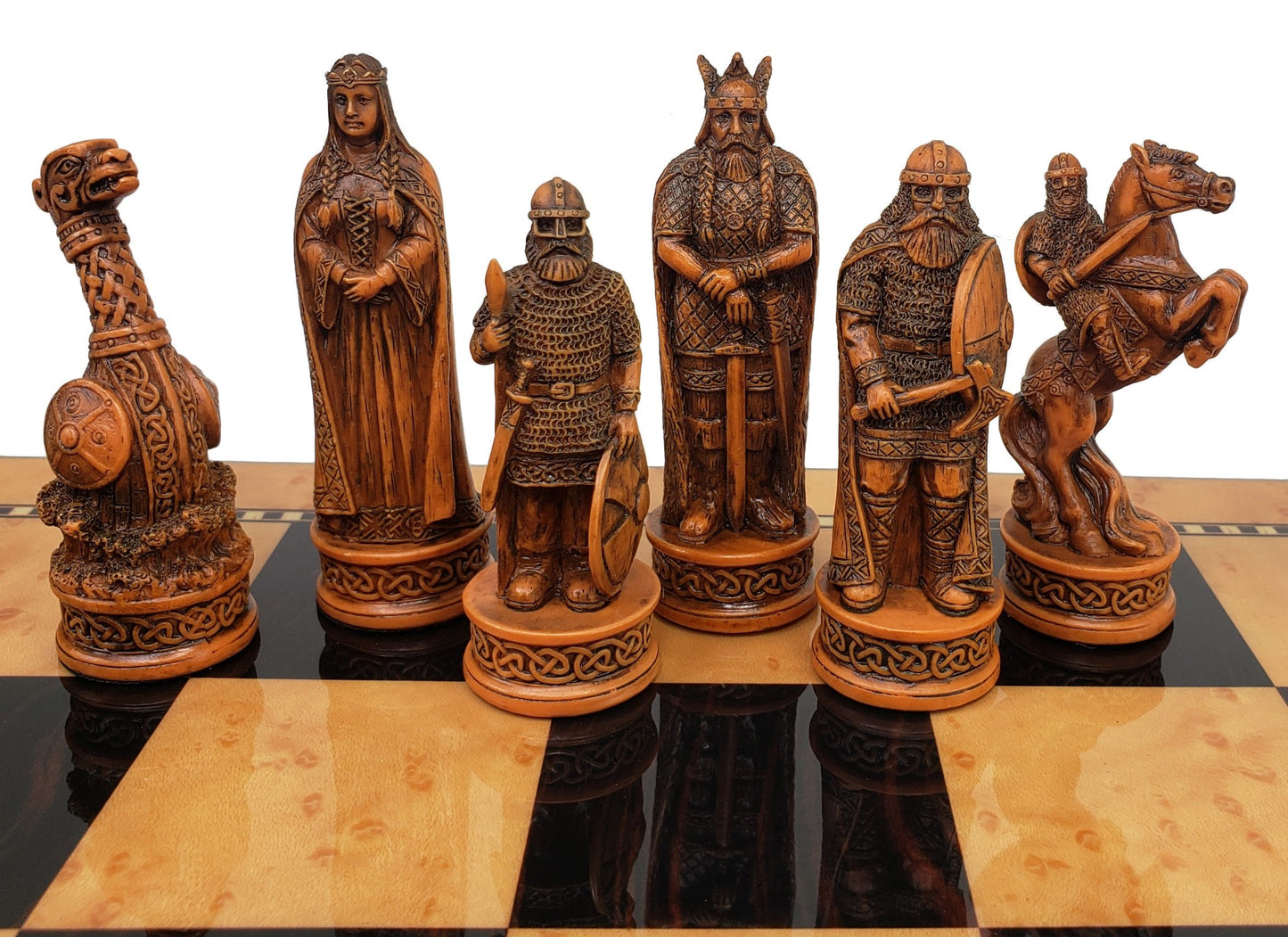 Antique White & Brown Norse Viking CHESS SET with 17" Walnut Color Storage Bd