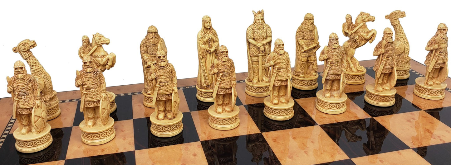 Antique White & Brown Norse Viking CHESS SET with 17" Walnut Color Storage Bd