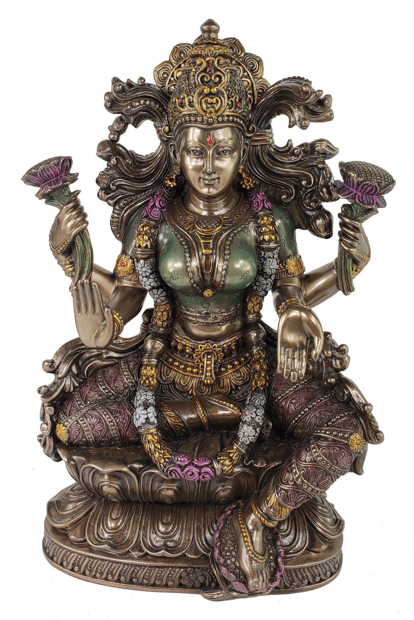 9 1/4" Hindu Power Goddess Fortune Lakshmi Sitting on Lotus Statue Bronze Finish