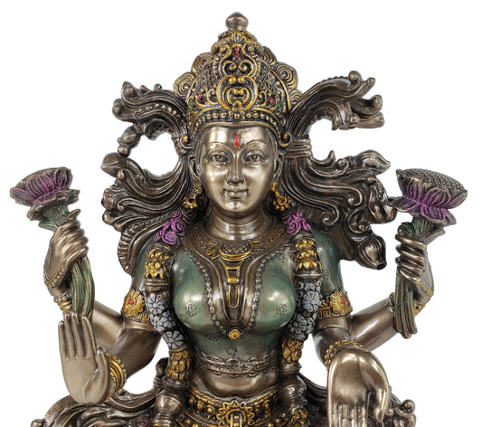 9 1/4" Hindu Power Goddess Fortune Lakshmi Sitting on Lotus Statue Bronze Finish
