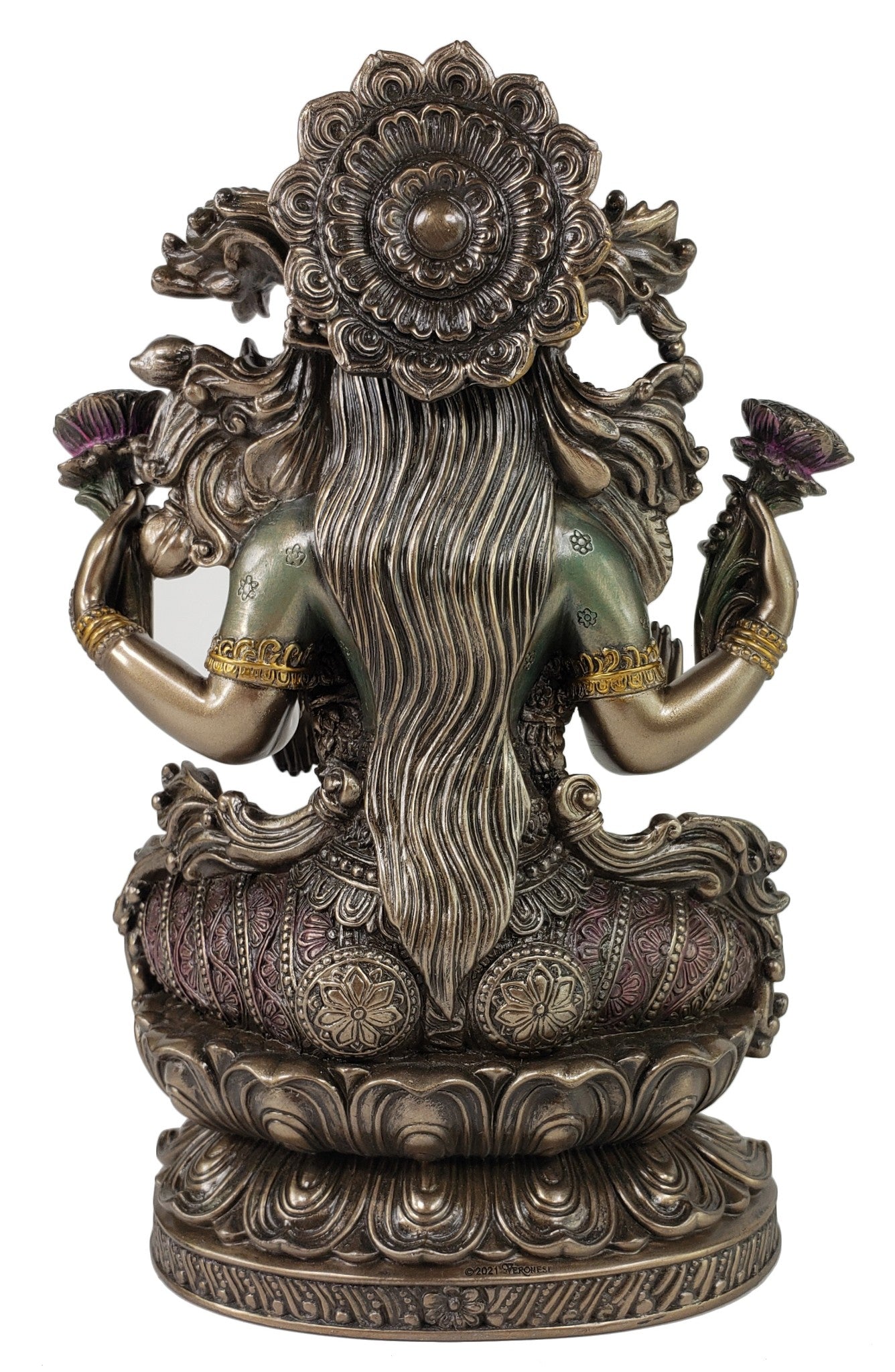 9 1/4" Hindu Power Goddess Fortune Lakshmi Sitting on Lotus Statue Bronze Finish