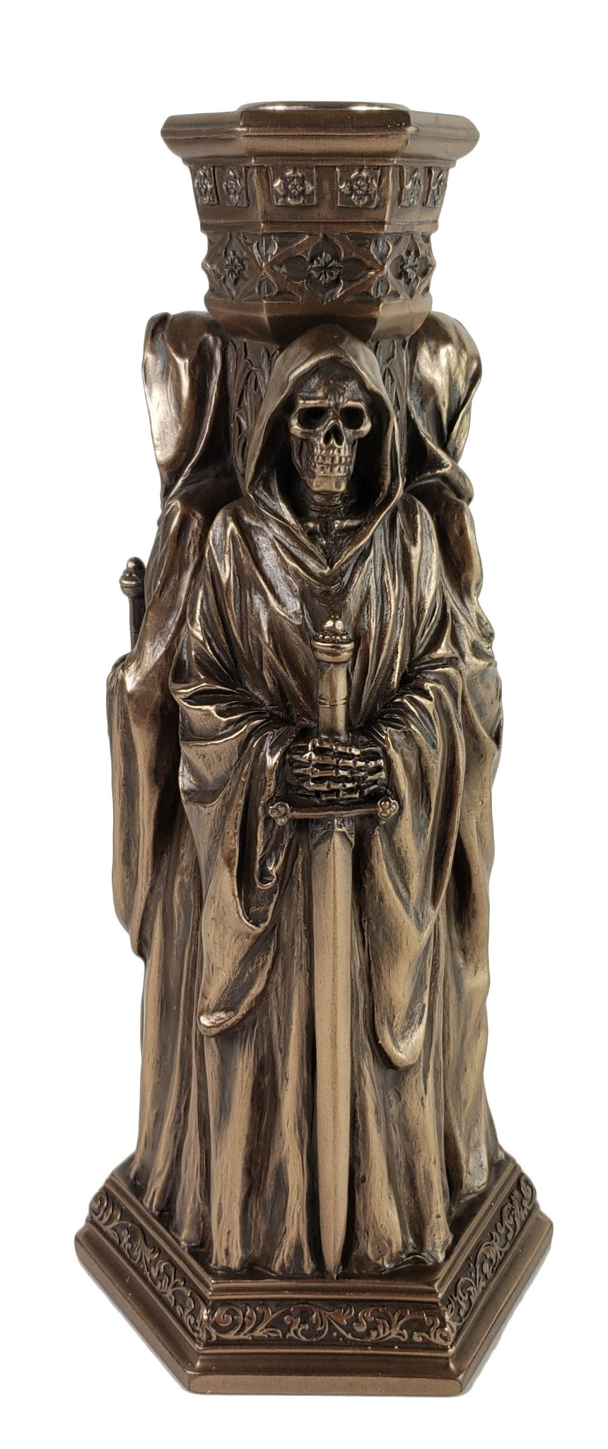 8.25" Triple Macabre Death Gothic Reaper Bronze Color Candle Stick Holder Statue