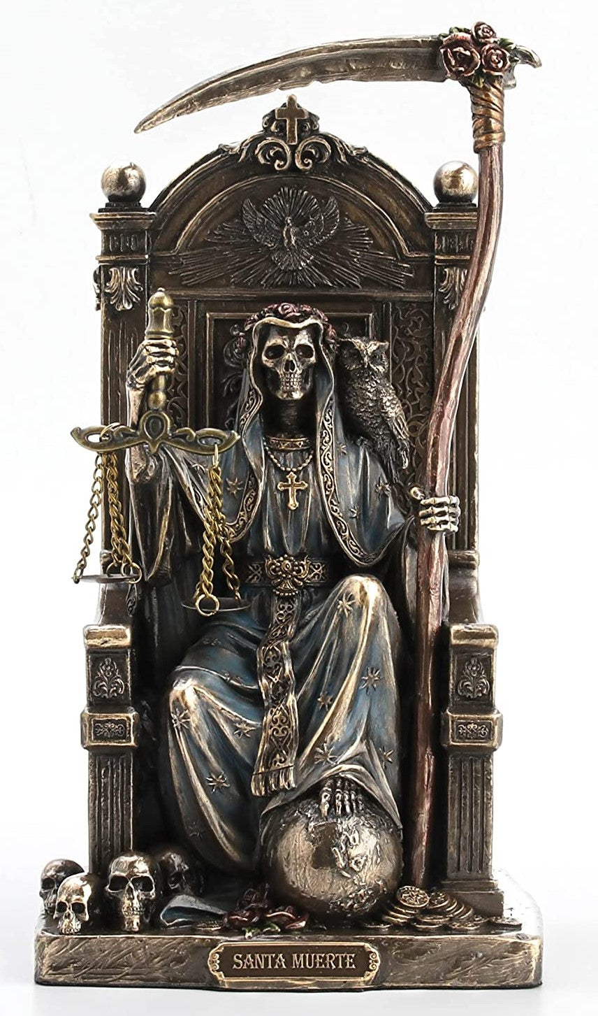 8 5" Santa Muerte Goddess of Death on Throne w Scythe Scale Bronze Color Statue