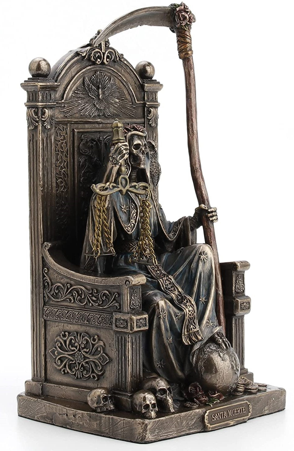 8 5" Santa Muerte Goddess of Death on Throne w Scythe Scale Bronze Color Statue