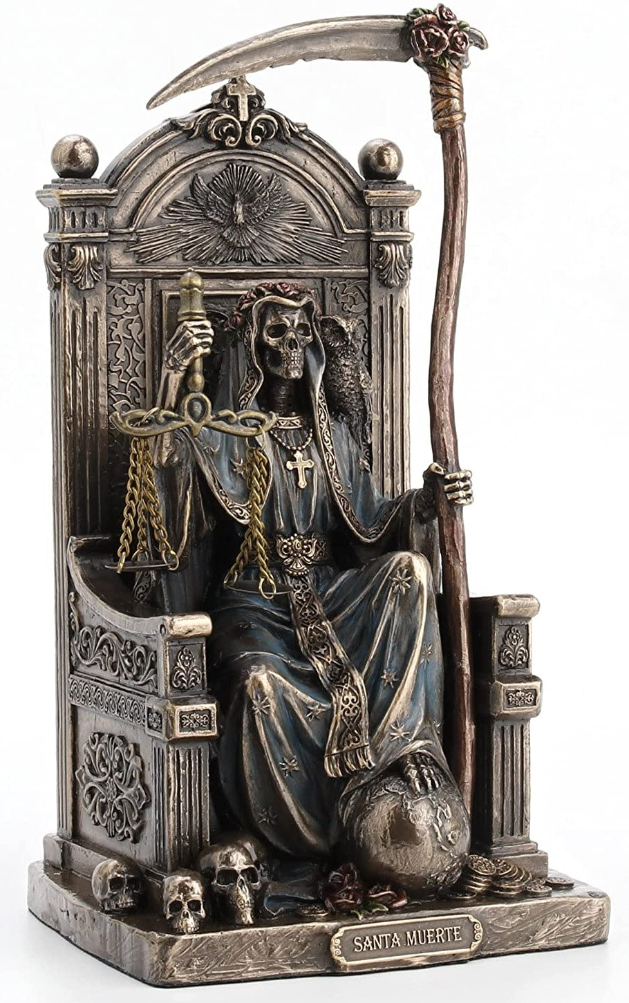 8 5" Santa Muerte Goddess of Death on Throne w Scythe Scale Bronze Color Statue